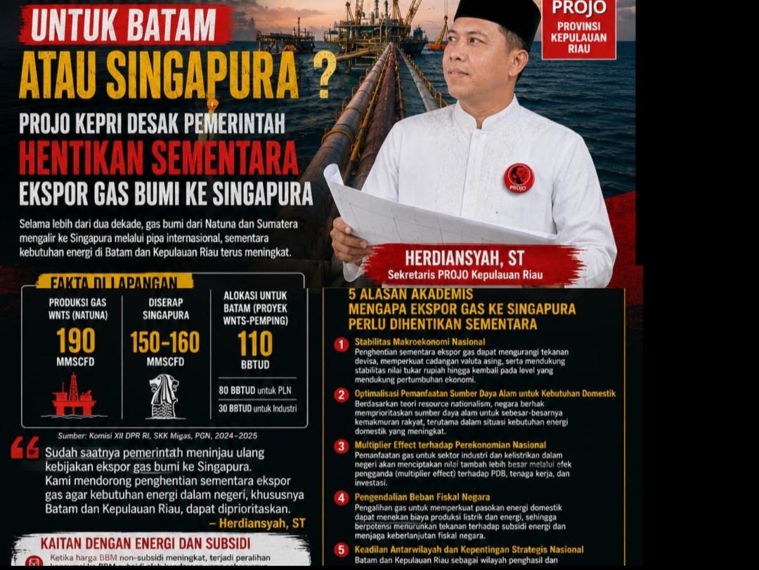 Gas Natuna ke Singapura, Batam Baru Kebagian? Ini Sorotan Projo Kepri
